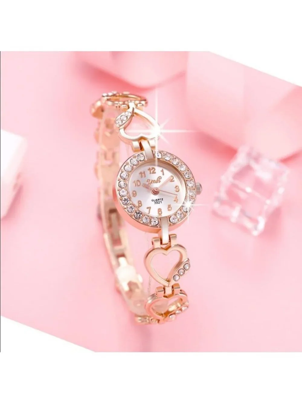 Women's Rose Gold Quartz Heart Shaped Band Alloy Diamond Encrusted Wrist Watch